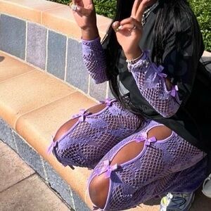 Purple bow mesh leggings
